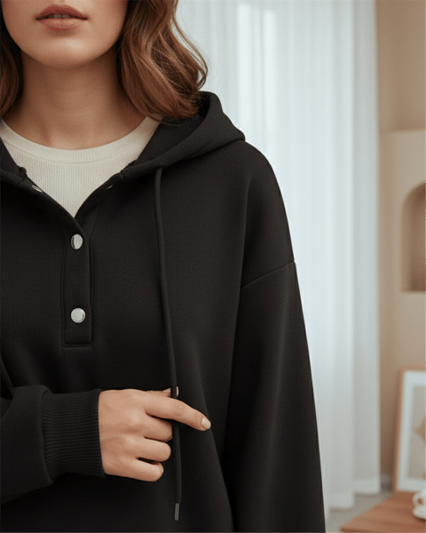 Yakası Çıtçıtlı Kapşonlu Şardonlu Üç İplik Sweat   -K. Kahve-Sweatshirt-349-5162-R54