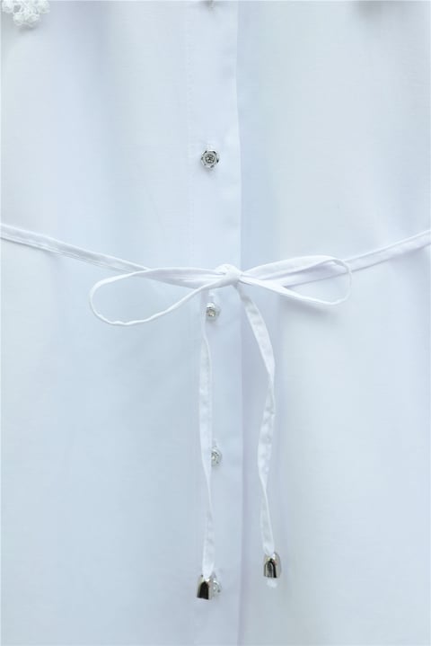 Yakası Dantelli Beli Ve Kolu Bağcıklı Poplin Tunik  -Beyaz-Tunik-349-8078-R02