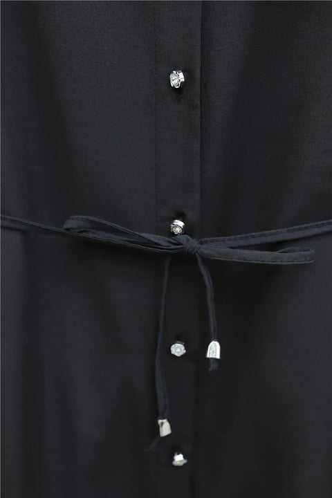 Yakası Dantelli Beli Ve Kolu Bağcıklı Poplin Tunik  -Siyah-Tunik-349-8078-R01