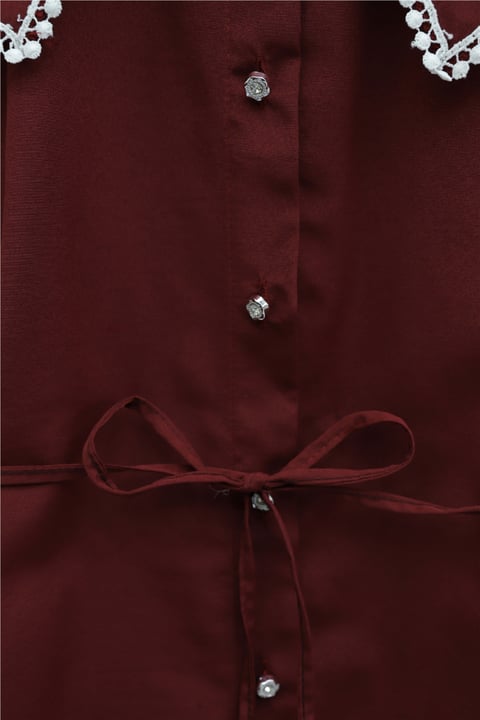 Yakası Dantelli Beli Ve Kolu Bağcıklı Poplin Tunik  -Bordo-Tunik-349-8078-R04