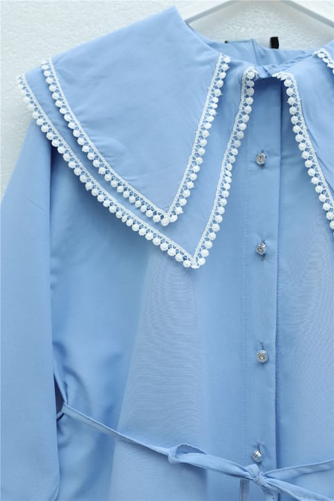 Yakası Dantelli Beli Ve Kolu Bağcıklı Poplin Tunik  -Açık Mavi-Tunik-349-8078-R25