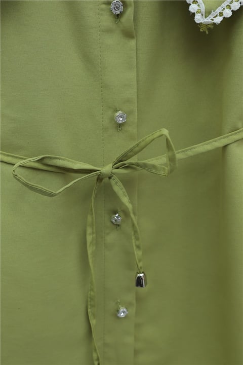 Yakası Dantelli Beli Ve Kolu Bağcıklı Poplin Tunik  -Yağ Yeşili-Tunik-349-8078-R72