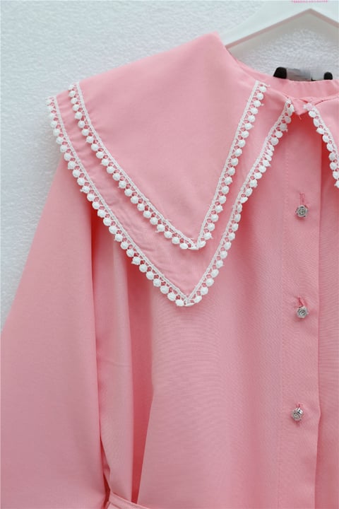 Yakası Dantelli Beli Ve Kolu Bağcıklı Poplin Tunik  -Pembe-Tunik-349-8078-R20