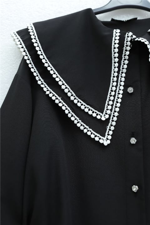 Yakası Dantelli Beli Ve Kolu Bağcıklı Poplin Tunik  -Siyah-Tunik-349-8078-R01