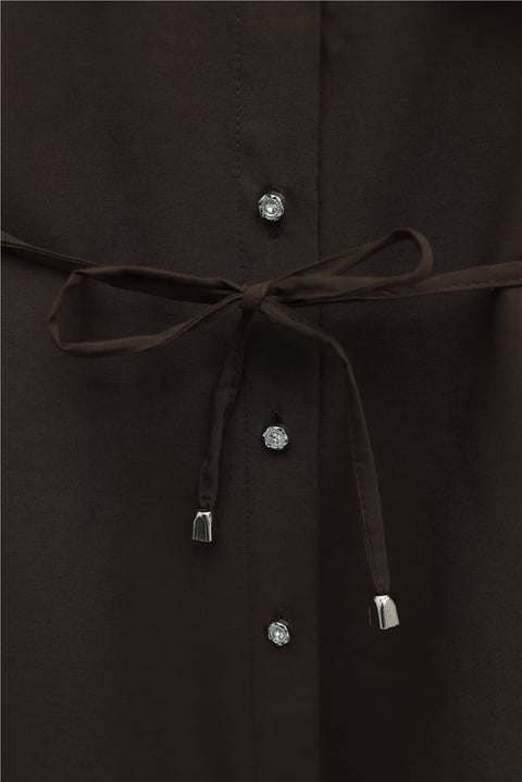 Yakası Dantelli Beli Ve Kolu Bağcıklı Poplin Tunik  -Kahverengi-Tunik-349-8078-R15