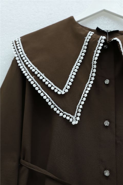 Yakası Dantelli Beli Ve Kolu Bağcıklı Poplin Tunik  -Kahverengi-Tunik-349-8078-R15