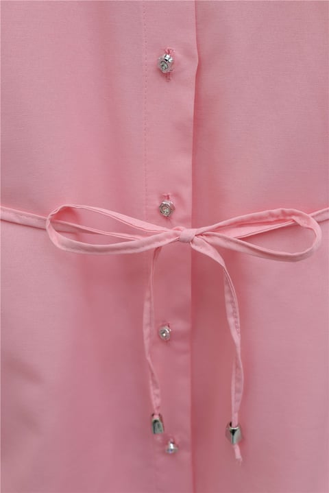Yakası Dantelli Beli Ve Kolu Bağcıklı Poplin Tunik  -Pembe-Tunik-349-8078-R20