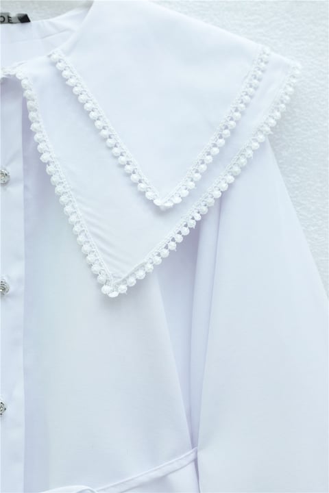 Yakası Dantelli Beli Ve Kolu Bağcıklı Poplin Tunik  -Beyaz-Tunik-349-8078-R02