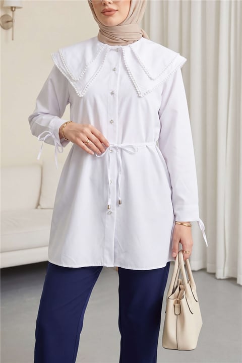 Yakası Dantelli Beli Ve Kolu Bağcıklı Poplin Tunik  -Beyaz-Tunik-349-8078-R02