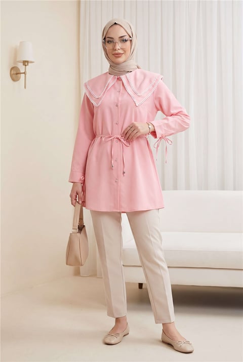 Yakası Dantelli Beli Ve Kolu Bağcıklı Poplin Tunik  -Pembe-Tunik-349-8078-R20