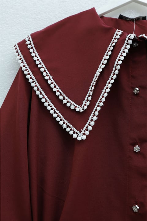 Yakası Dantelli Beli Ve Kolu Bağcıklı Poplin Tunik  -Bordo-Tunik-349-8078-R04
