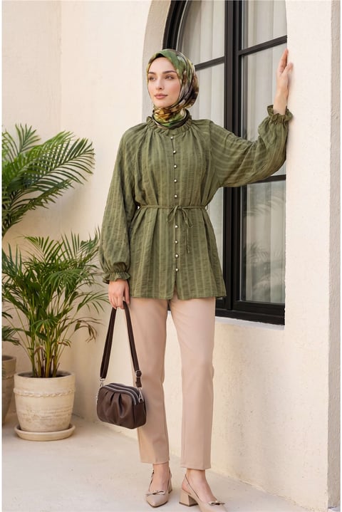 Yakası Fırfırlı Balon Kol Biritli Gofre Gömlek -Haki-Tunik-307-0122-R05