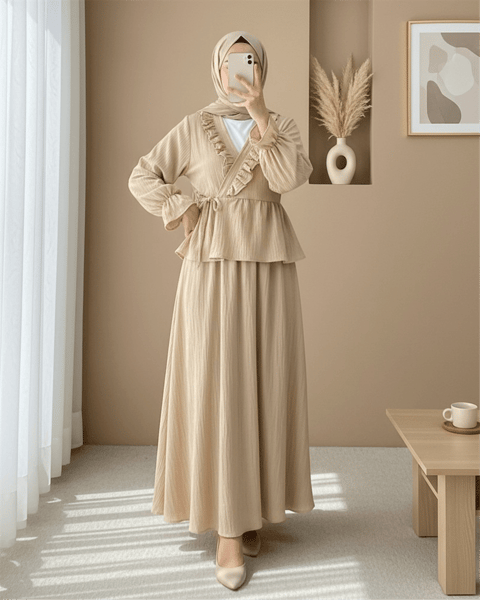 Yakası Fırfırlı Önü Bağlamalı Etekli Kimono Takım  -Açık Vizon-Takım-346-3074-R51