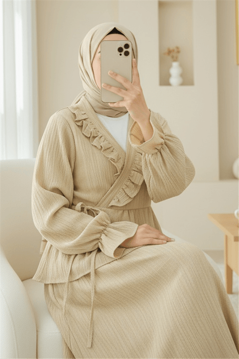 Yakası Fırfırlı Önü Bağlamalı Etekli Kimono Takım  -Açık Vizon-Takım-346-3074-R51