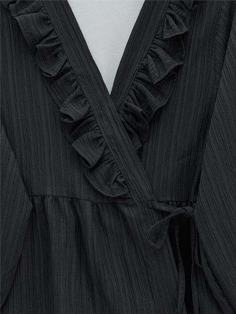 Yakası Fırfırlı Önü Bağlamalı Etekli Kimono Takım  -Siyah-Takım-346-3074-R01