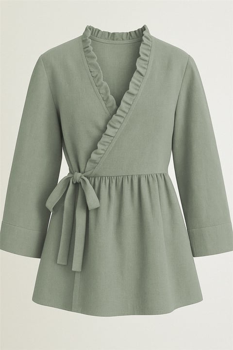Yakası Fırfırlı Yandan Bağlamalı Keten Kimono  -Mint-Trençkot-307-2151-R24
