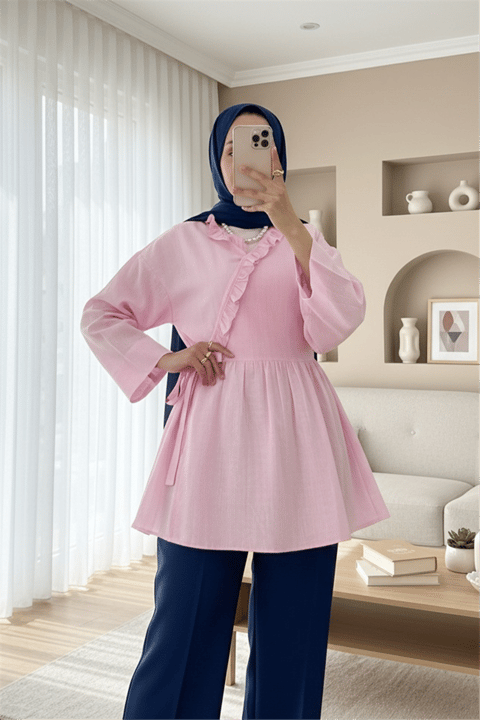 Yakası Fırfırlı Yandan Bağlamalı Keten Kimono  -Pembe-Trençkot-307-2151-R20