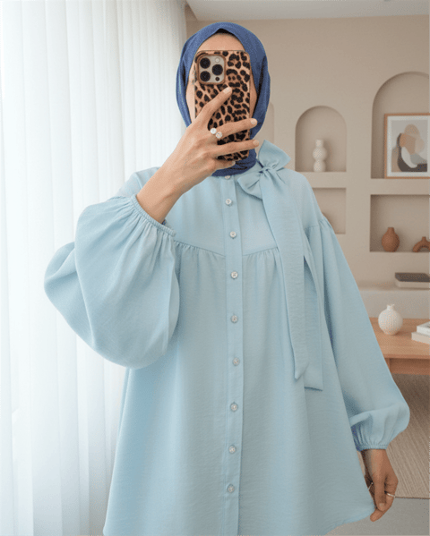 Yakası Fiyonk Detaylı Kolu Lastikli Düğmeli Keten Tunik -Bebe Mavi-Tunik-307-2327-R32