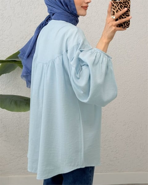 Yakası Fiyonk Detaylı Kolu Lastikli Düğmeli Keten Tunik -Bebe Mavi-Tunik-307-2327-R32