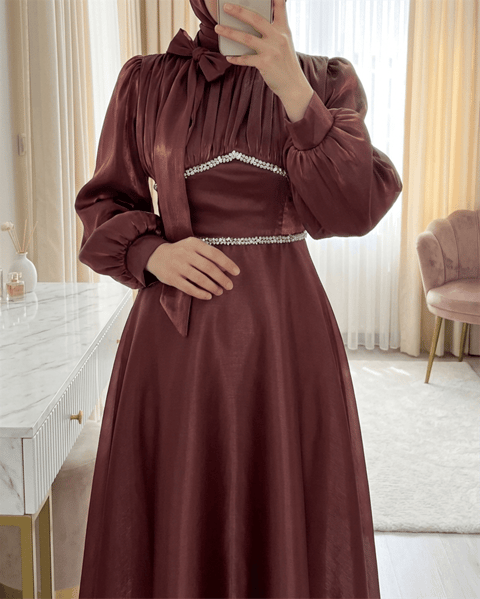 Yakası Fiyonklu Beli Taş Detaylı Balon Kol Abiye -G.Kurusu-Abiye-316-4778-R27