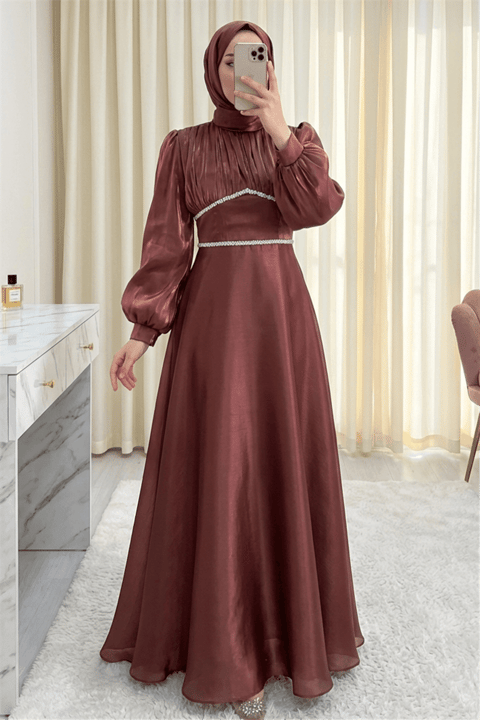Yakası Fiyonklu Beli Taş Detaylı Balon Kol Abiye -G.Kurusu-Abiye-316-4778-R27