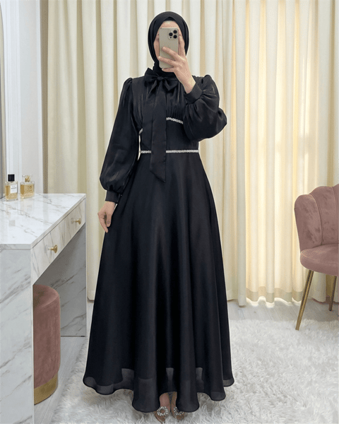 Yakası Fiyonklu Beli Taş Detaylı Balon Kol Abiye -Siyah-Abiye-316-4778-R01
