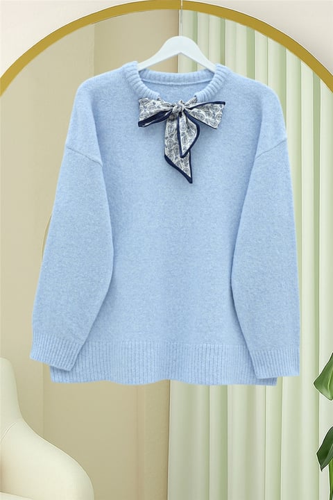 Yakası Fular Detaylı Yumoş Triko Kazak -Bebe Mavi-Kazak-295-1297-R32