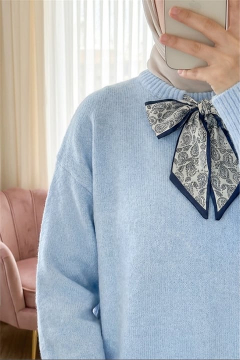 Yakası Fular Detaylı Yumoş Triko Kazak -Bebe Mavi-Kazak-295-1297-R32