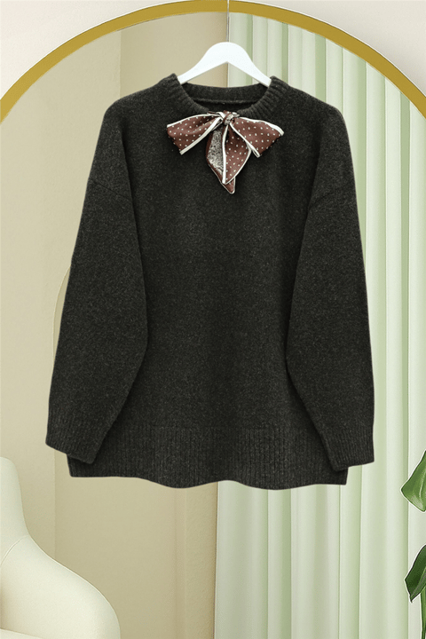 Yakası Fular Detaylı Yumoş Triko Kazak -K. Kahve-Kazak-295-1297-R54