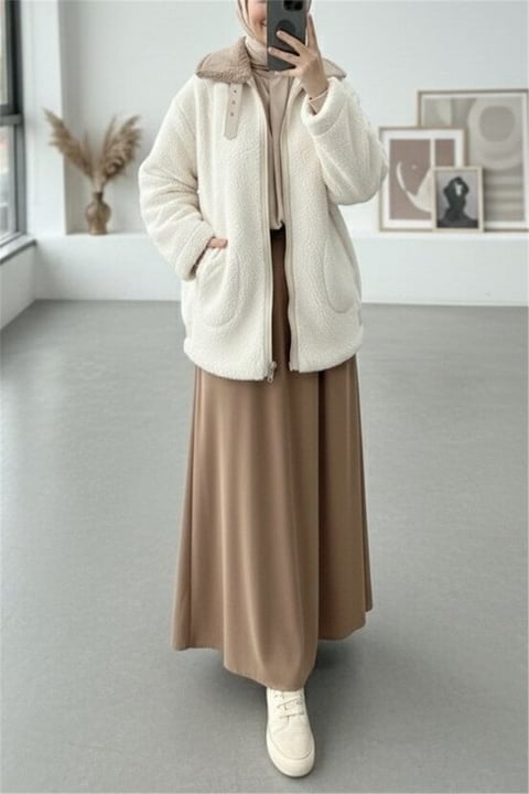 Yakası Garni Detaylı İçi Astarlı Cep Detaylı  Peluş Mont  -Bej-Mont-348-2666-R56