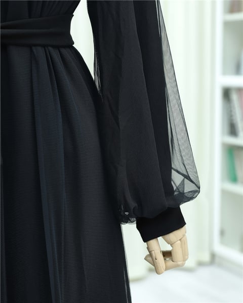 Yakası Gül Detaylı İncili Eteği Şeritli  İkili Abaya  Takım  -Siyah-Abaya-407-3529-R01