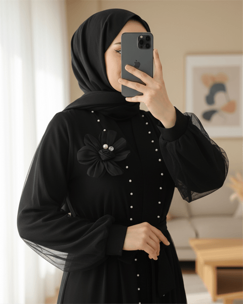 Yakası Gül Detaylı İncili Eteği Şeritli  İkili Abaya  Takım  -Siyah-Abaya-407-3529-R01