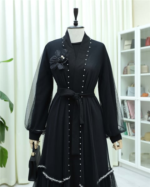 Yakası Gül Detaylı İncili Eteği Şeritli  İkili Abaya  Takım  -Siyah-Abaya-407-3529-R01