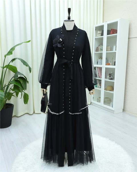 Yakası Gül Detaylı İncili Eteği Şeritli  İkili Abaya  Takım  -Siyah-Abaya-407-3529-R01