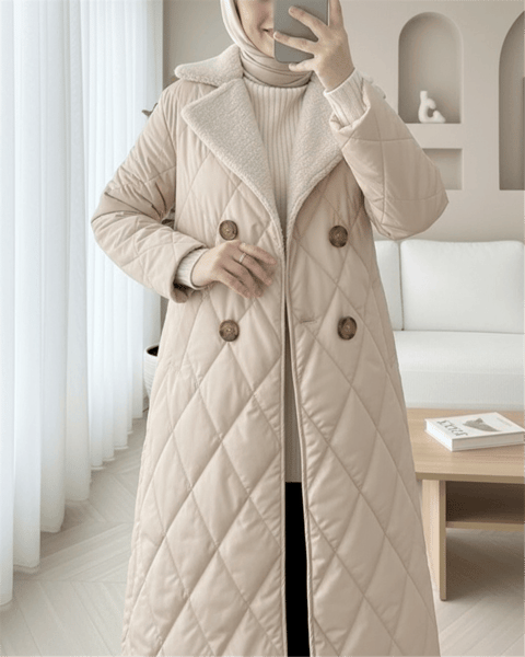 Yakası Kürklü Beli Kemerli Düğmeli Astarlı Kapitone Mont -Taş-Mont-414-4905-R43