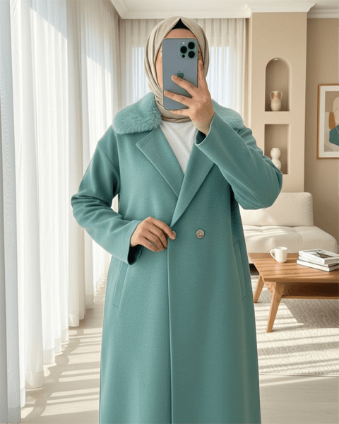 Yakası Kürklü Çift Düğmeli Uzun Triko Hırka -Mint-Hırka-295-2407-R24
