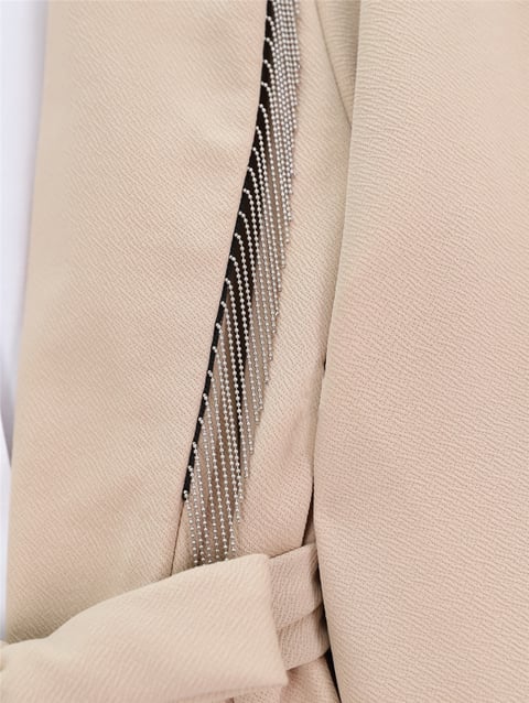 Yakası Metal Püsküllü Kemerli Ceket Pantolon Takım -Bej-Takım-349-5023-R56