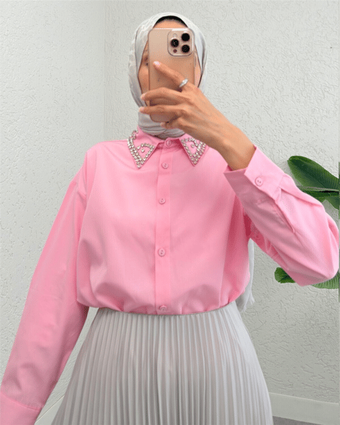 Yakası Taş Detaylı Düğmeli Salaş Gömlek -Pembe-Gömlek-246-1620-R20