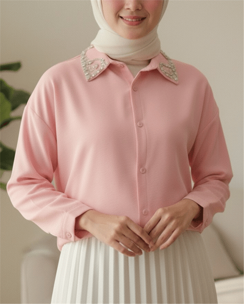 Yakası Taş Detaylı Düğmeli Salaş Gömlek -Pembe-Gömlek-246-1620-R20