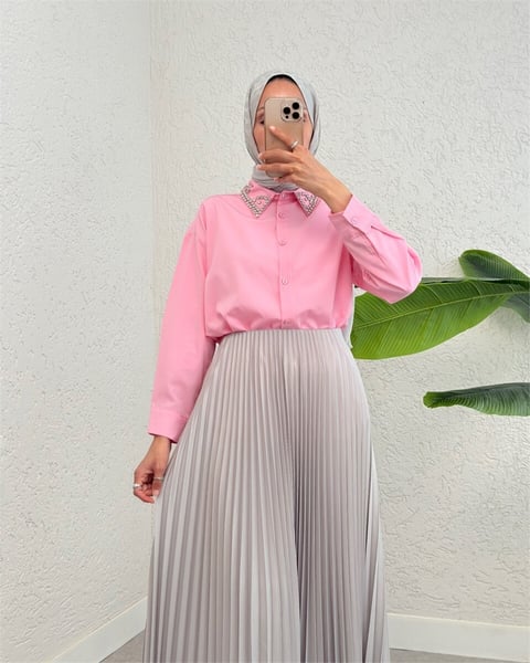 Yakası Taş Detaylı Düğmeli Salaş Gömlek -Pembe-Gömlek-246-1620-R20