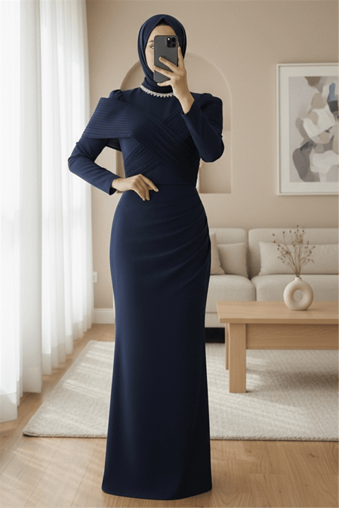 Yakası Taş Detaylı Omuzu Kat Drapeli Abiye -Laci-Abiye-316-4783-R03