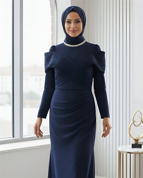 Yakası Taş Detaylı Omuzu Kat Drapeli Abiye -Laci-Abiye-316-4783-R03