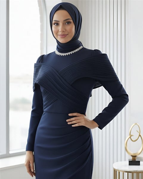 Yakası Taş Detaylı Omuzu Kat Drapeli Abiye -Laci-Abiye-316-4783-R03