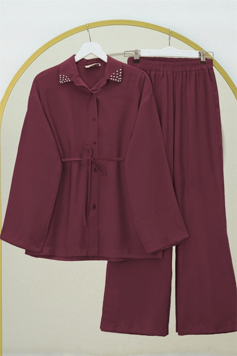 Yakası Taşlı Belden Bağlamalı Pantolonlu Takım -Bordo-Takım-414-5524-R04