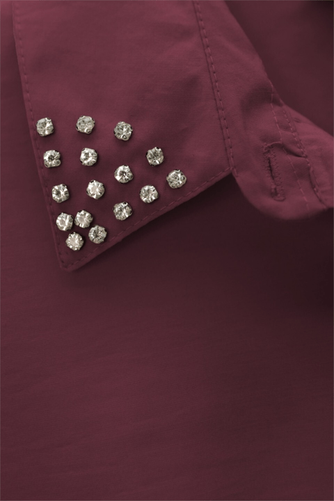 Yakası Taşlı Belden Bağlamalı Pantolonlu Takım -Bordo-Takım-414-5524-R04