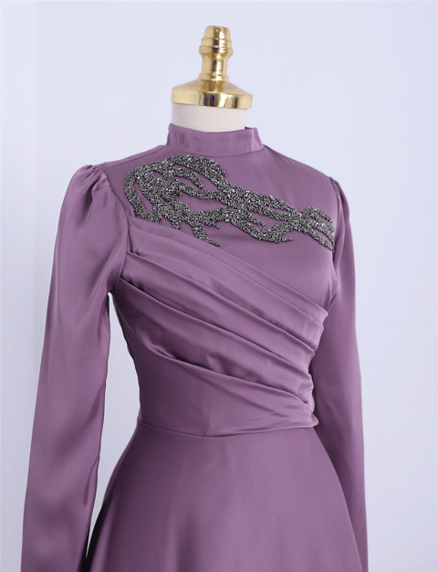 Yakası Taşlı Önü Drapeli  Abiye -Lila-Saten Abiye-337-6703-R42