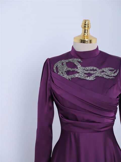 Yakası Taşlı Önü Drapeli  Abiye -Mor-Saten Abiye-337-6703-R34