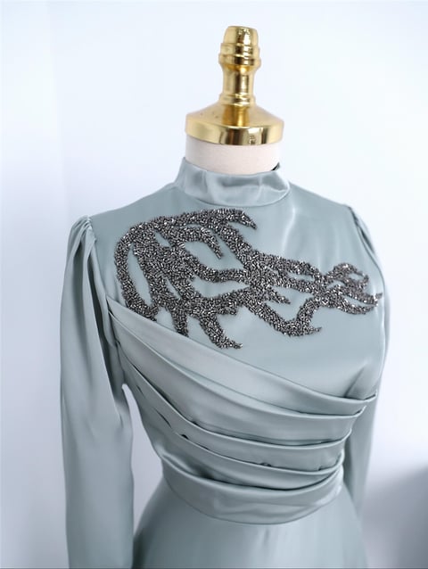Yakası Taşlı Önü Drapeli  Abiye -Su Yeşili-Saten Abiye-337-6703-R36