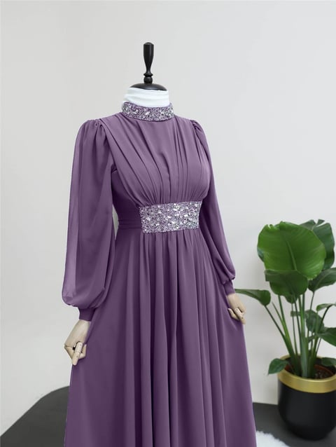 Yakası ve Beli Taş Detaylı Şifon Abiye -Mor-Şifon Abiye-316-4516-R34