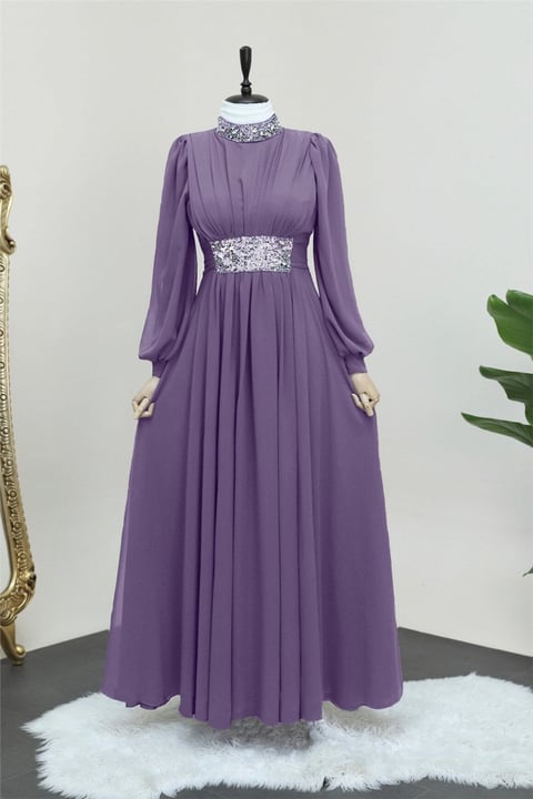 Yakası ve Beli Taş Detaylı Şifon Abiye -Mor-Şifon Abiye-316-4516-R34